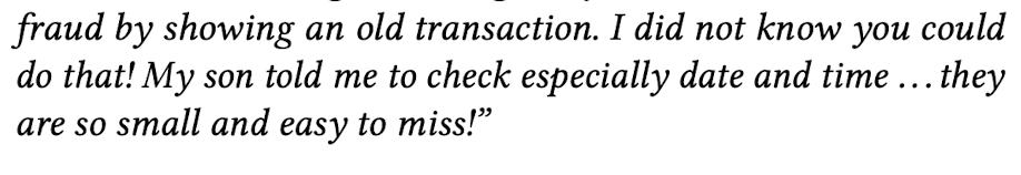 Quote about fraud via fake transaction screenshots