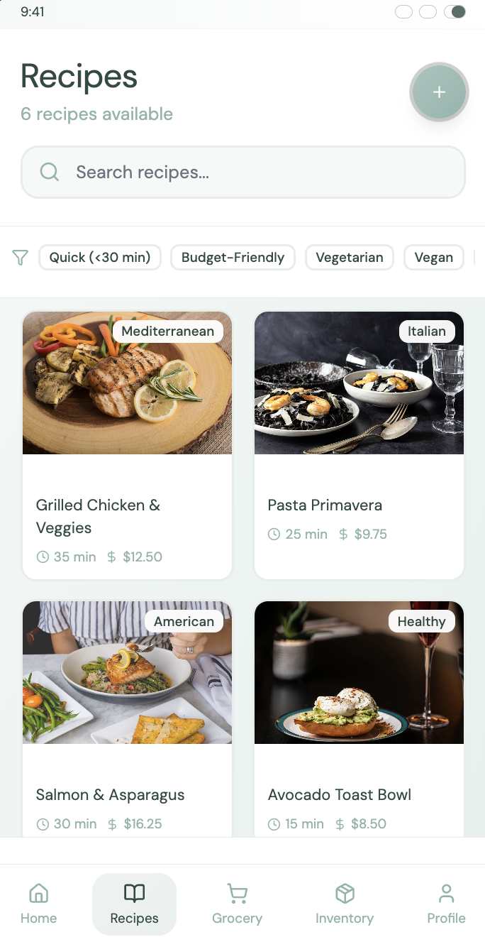Recipes home screen