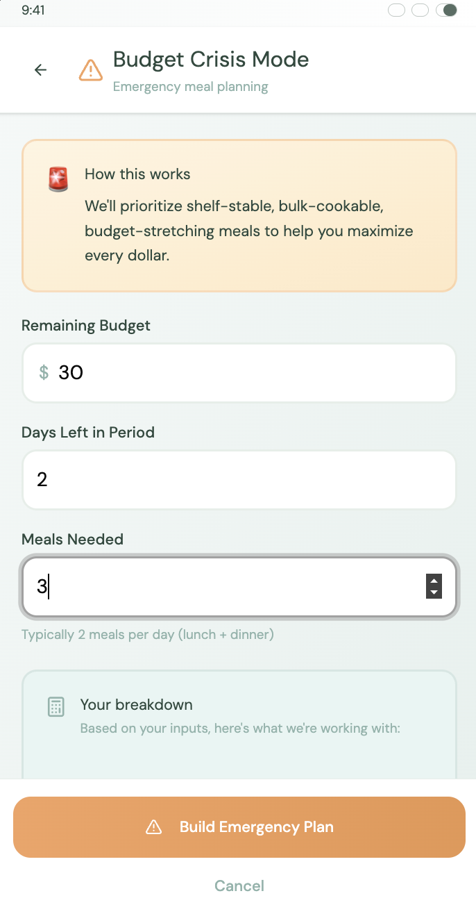 Budget Crisis Mode — input form