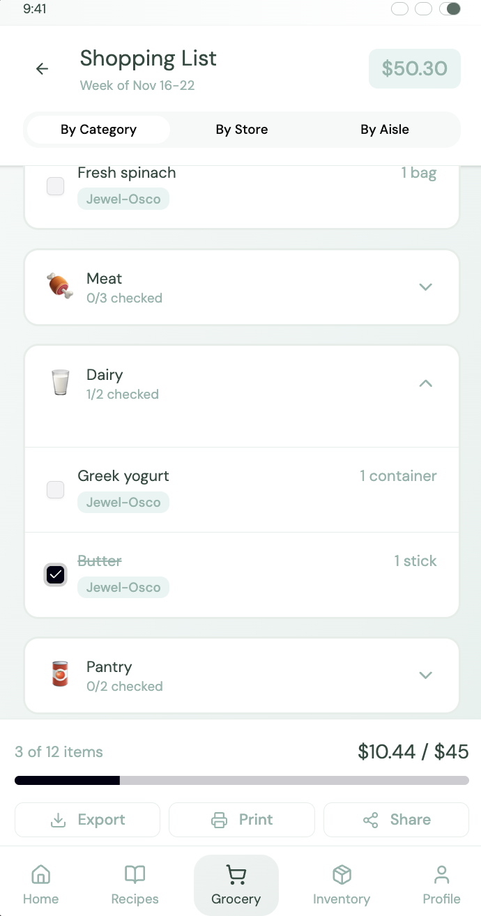 Shopping list organized by category