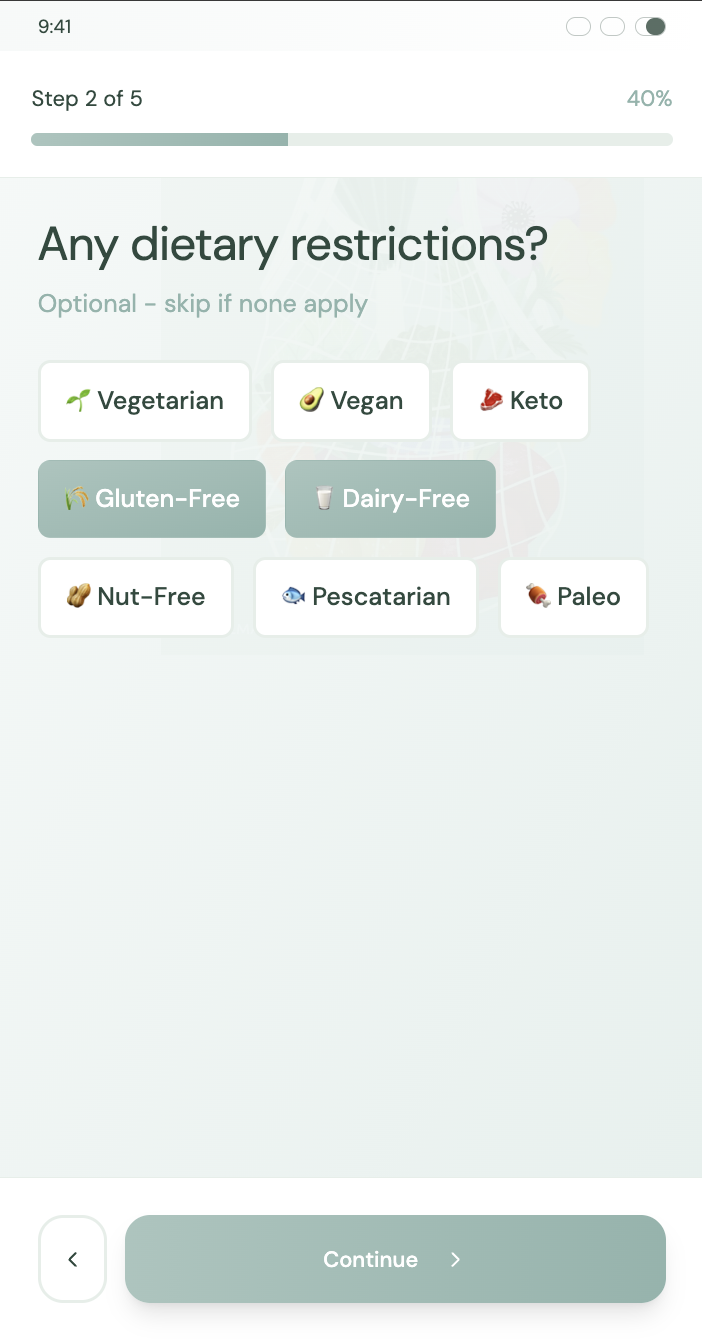 Dietary restrictions — onboarding step 2
